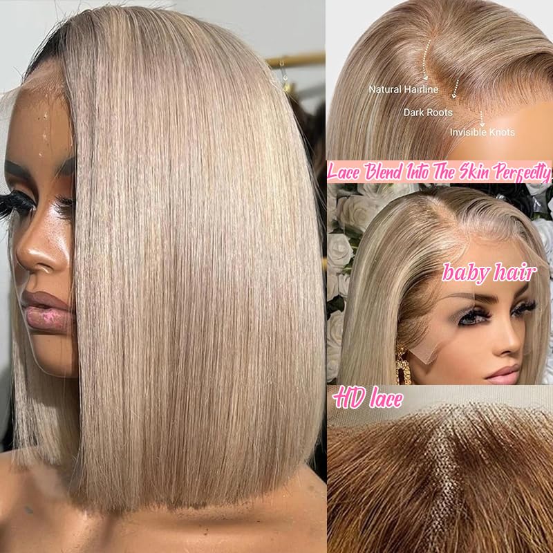 Smavida Ash Blonde HD Transparent Blunt Cut Ash Blonde Bob Wig Human Hair Pre Plucked 13x4 Blonde Lace Front Wigs with Baby Hair Hairline 100% Unprocessed Human Virgin Hair Glueless Bob Wigs - Image 3